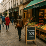 Rue commerçante animée avec primeur et pancarte "Consommez local" dans un centre-ville français