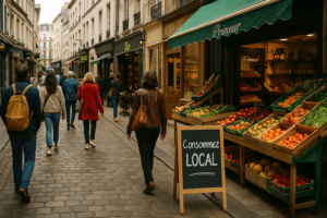 Rue commerçante animée avec primeur et pancarte "Consommez local" dans un centre-ville français