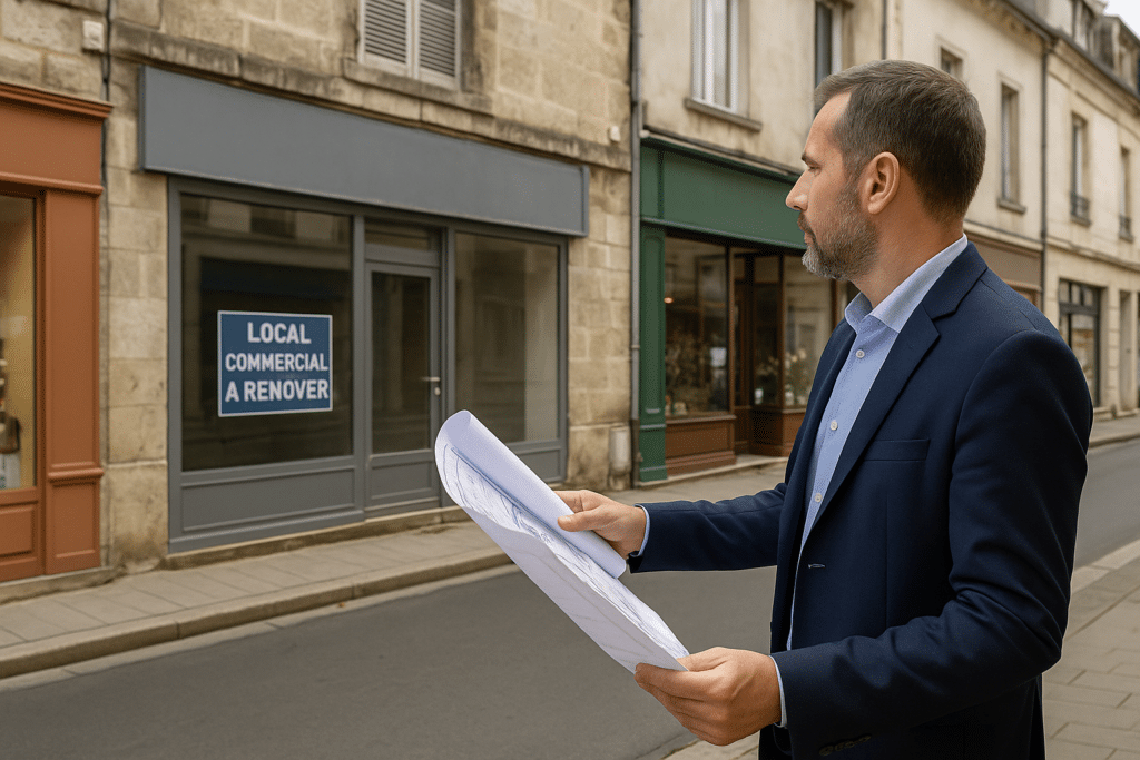 Homme tenant un plan à la main devant un commerce à rénover.