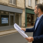 Homme tenant un plan à la main devant un commerce à rénover.