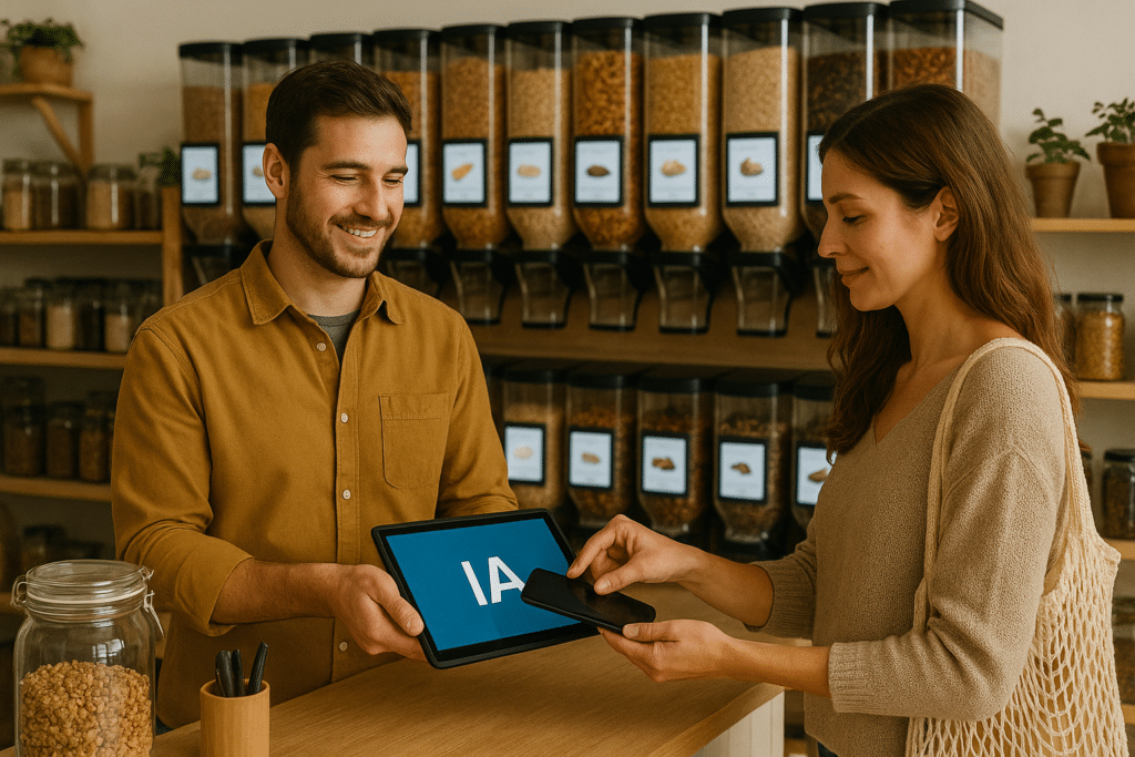 Commerçant franchisé et digitalisé tenant une tablette dans les main avec marqué IA. En face, une cliente rentre quelque chose sur son téléphone. La scène se passe dans un commerce de vrac.