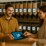 Commerçant franchisé et digitalisé tenant une tablette dans les main avec marqué IA. En face, une cliente rentre quelque chose sur son téléphone. La scène se passe dans un commerce de vrac.