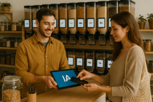 Commerçant franchisé et digitalisé tenant une tablette dans les main avec marqué IA. En face, une cliente rentre quelque chose sur son téléphone. La scène se passe dans un commerce de vrac.