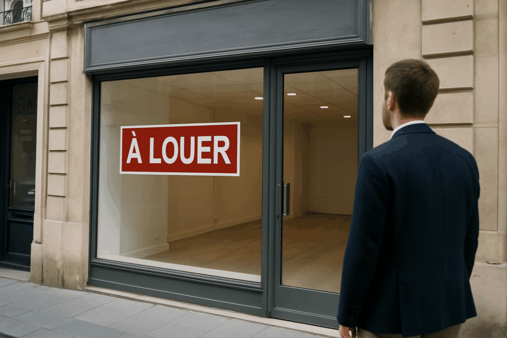 Porteur de projet devant un local commercial vide, disponible à la location