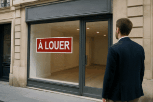 Porteur de projet devant un local commercial vide, disponible à la location