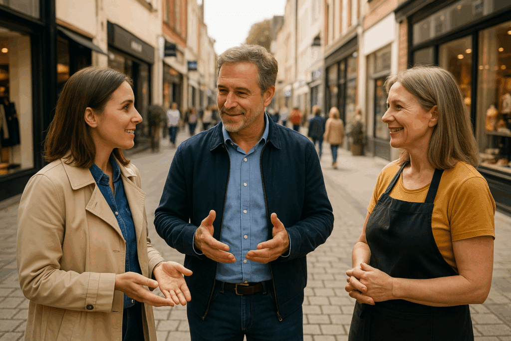 3 commerçants discutent devant leur vitrine, dans une rue de centre-ville