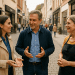3 commerçants discutent devant leur vitrine, dans une rue de centre-ville