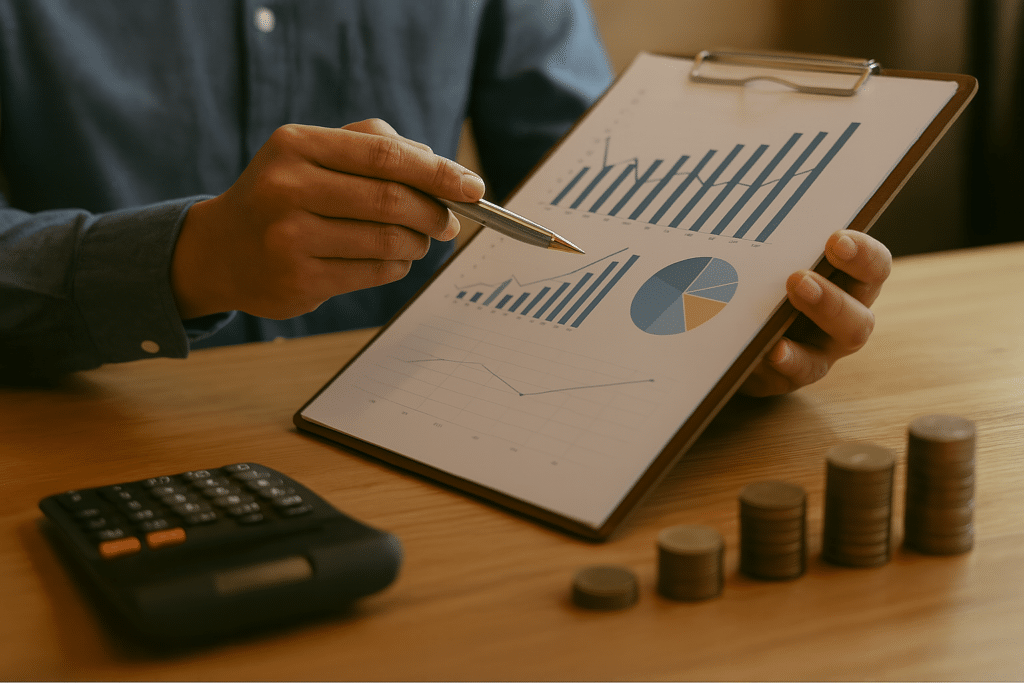homme qui tient dans la main un bilan financier pour l'évaluation d'un fond de commerce
