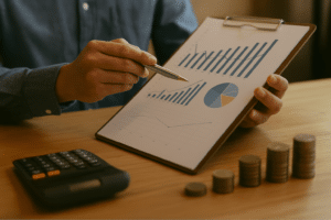 homme qui tient dans la main un bilan financier pour l'évaluation d'un fond de commerce