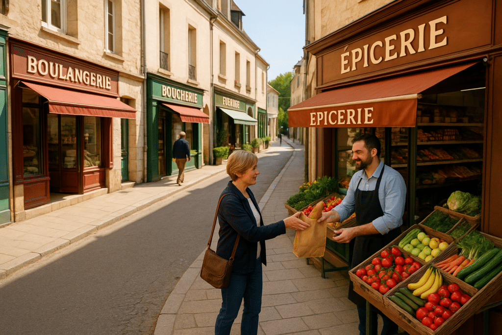 petit centre ville avec un commerçant donnant un sac rempli de pain à sa cliente. Plusieurs commerces le long de la rue : Boucherie, Boulangerie, Primeur.