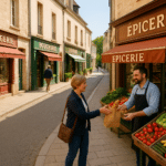 petit centre ville avec un commerçant donnant un sac rempli de pain à sa cliente. Plusieurs commerces le long de la rue : Boucherie, Boulangerie, Primeur.