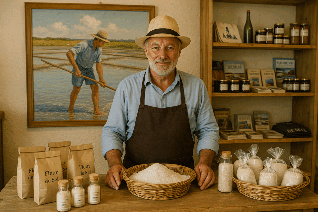 Artisan commerçant de l'île de Ré devant une étale de produits du terroir (sel notamment)