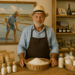 Artisan commerçant de l'île de Ré devant une étale de produits du terroir (sel notamment)