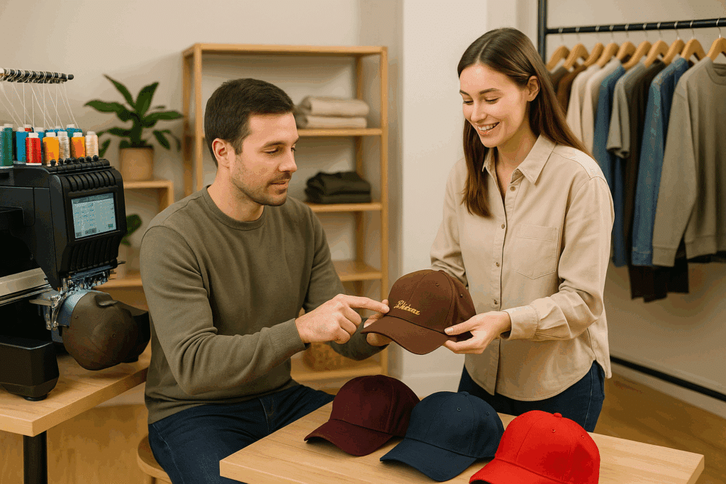 Commerçante proposant une casquette personnalisée à son client.