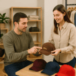 Commerçante proposant une casquette personnalisée à son client.