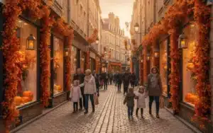 Rue commerçante de centre-ville décorée pour l'automne et Halloween avec citrouilles et lanternes
