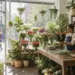 Intérieur lumineux d'une boutique de fleurs et de plantes en centre-ville avec grande vitrine