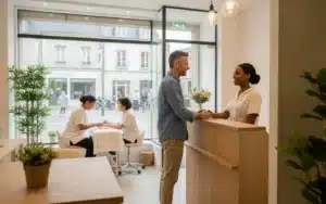Institut de beauté lumineux en centre-ville, accueil d'un client et soin des ongles devant la vitrine sur rue